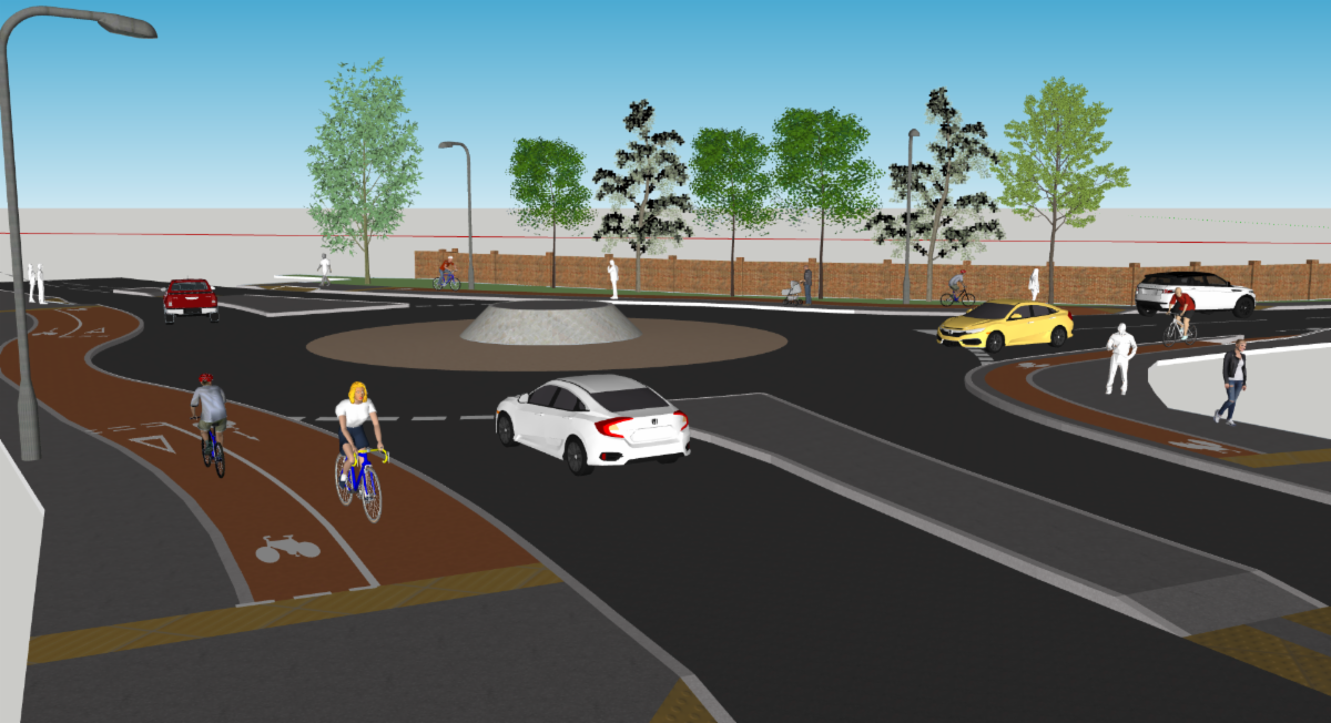 Computer generated image of the new Holyport roundabout seen from the approach including single lane approach and new bike and walking paths